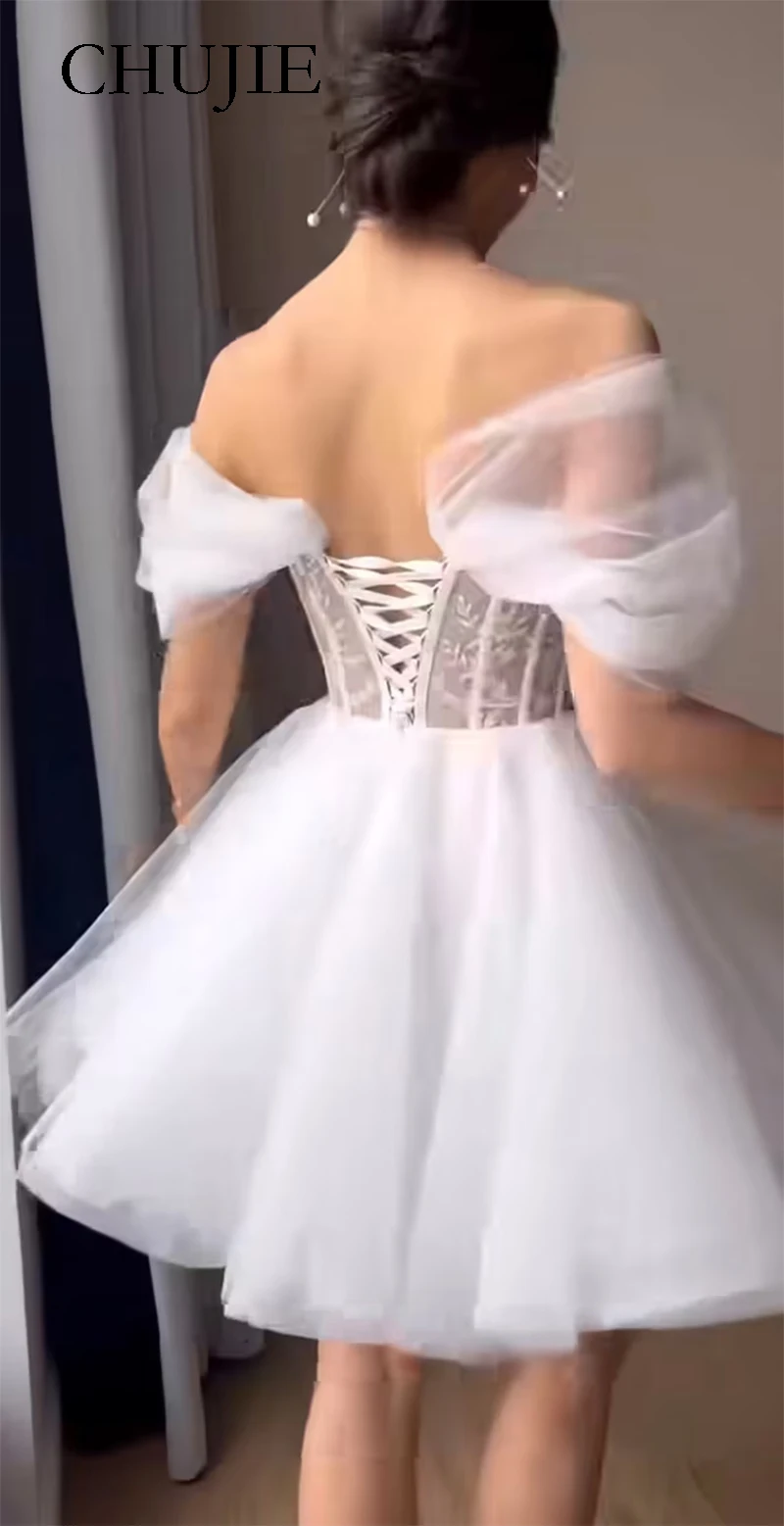 فساتين زفاف بيضاء قصيرة فستان سهرة رداء حفلات خط دانتيل مزين بالدانتيل فيستدوس دي نوفيا فيستدوس دي فييستا زواجبفروك #2