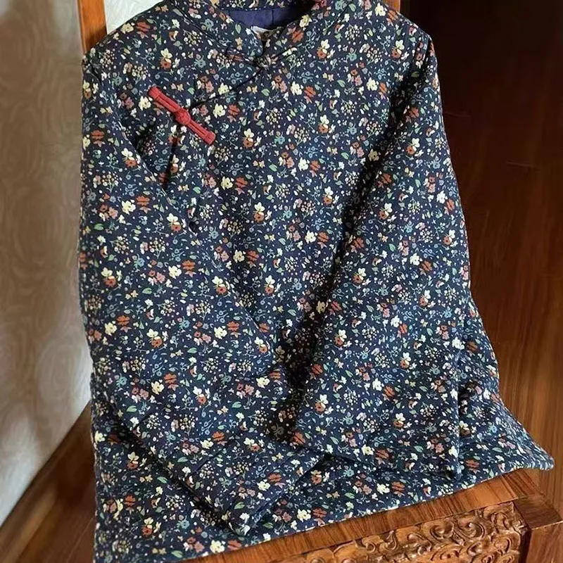 المرأة الخريف الشتاء الأزهار طباعة خط سترة الضفدع زر الوقوف كولور القطن رشاقته سترة الصينية معطف فضفاض #2