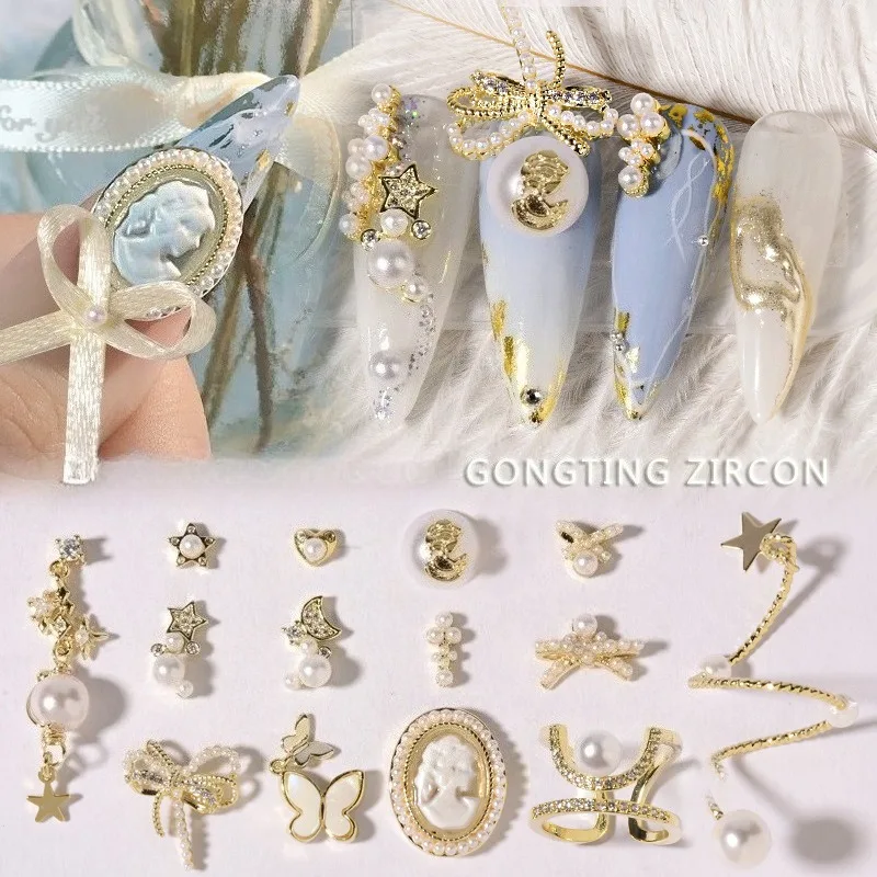 1Pc court style nail ring with lady head, metal bow pearl zircon chain for luxurious delicate nail decorative ornaments