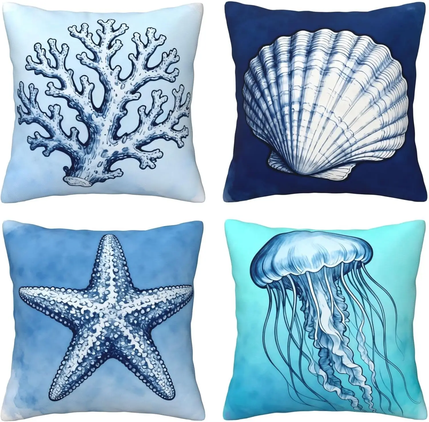 Set of 4 Printed Nautical Ocean Theme Throw Pillow Covers Coral Reef Starfish Shell Jellyfish Marine Coastal Beach Home Decor Cu