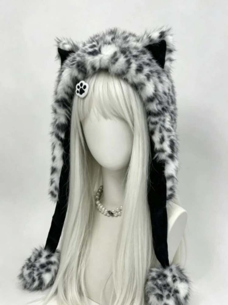 Cool Snow Leopard Ear Warmers for Ladies Smart Outdoor Wind Resistant Ear Protection Hats Fluffy Warm Ear Caps Autumn Winter Hat