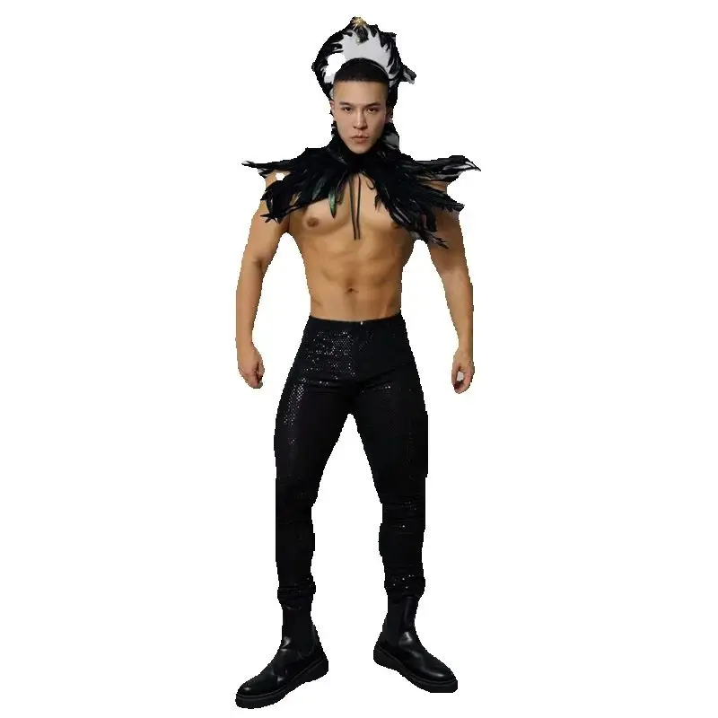 Nachtclub Bar DJ Halloween Pole Dance Kleidung Männer Feder Top Pailletten Hosen Gogo Kostüm Bühne Leistung Rave Outfit XS10398