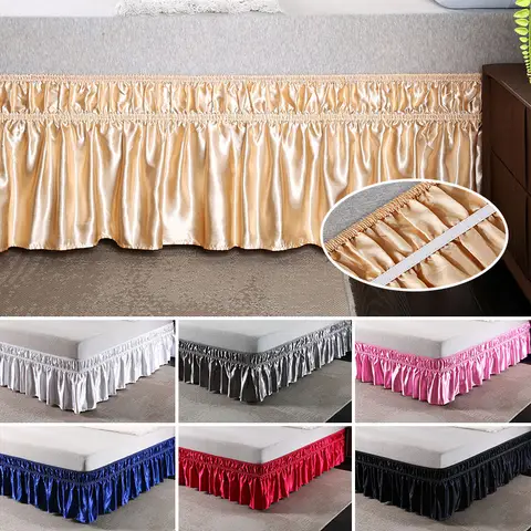 Wrap Around Dust Ruffle Bed Skirt Adjustable Pleated Bedskirt with Satin  Fabric  Wrinkle for Queen Size Beds with 14 Inch Drop
