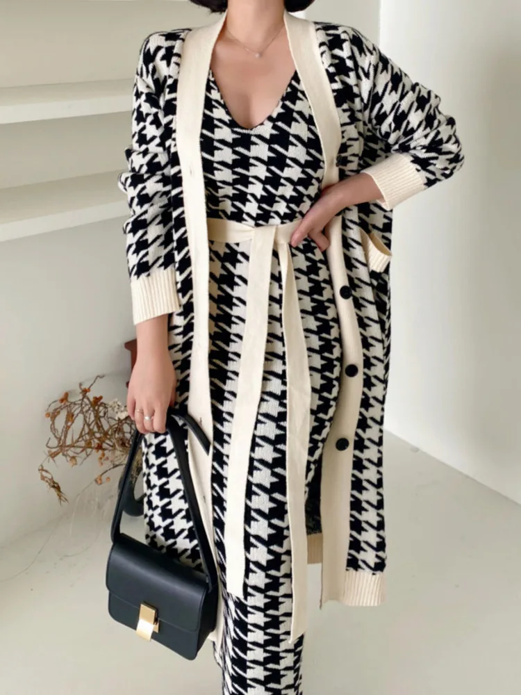 2024 Korean Sweater Set Fashion Vintage V-Neck Long Knitted Sweater Coat + Houndstooth Vest Dress Female Two-Piece Suit Outfits