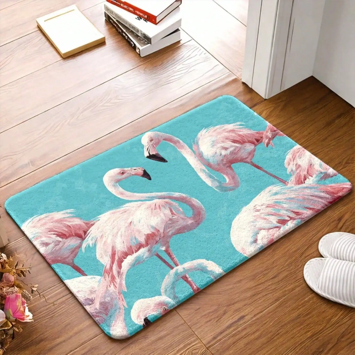 1pc, Flamingo Pattern Flannel Doormat, Non-Slip Rubber Backing, Durable And, Machine Washable, Versatile For Living Room, Bedroom, Office, Indoor, Bathroom