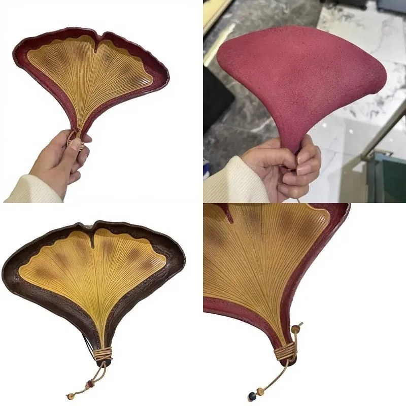 Full Grain Cowhide Hand Sewn Ginkgo Biloba Storage Tray Two Color Texture Luxury Decorative Desktop Box