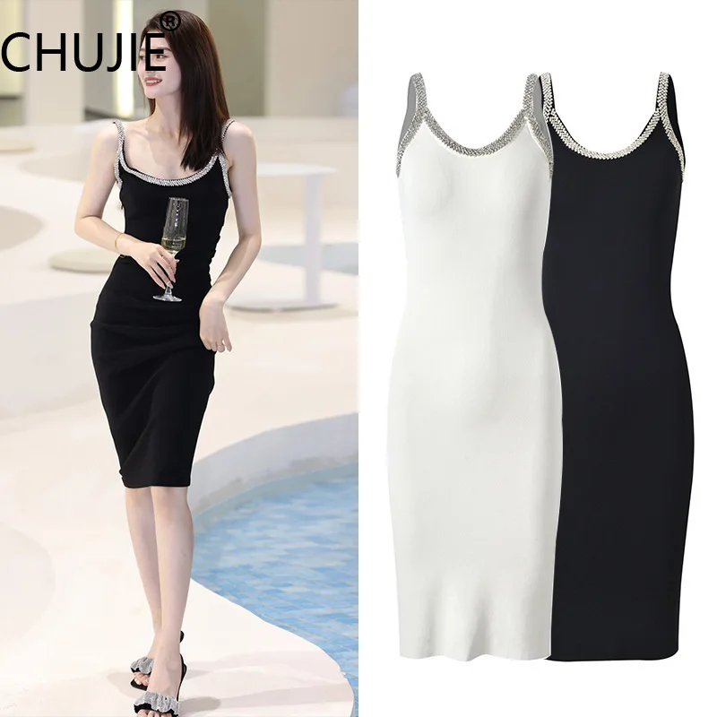 

CHUJIE Women's 2025 Summer Black Diamonds Knit Strap Backless Dress - French Style Slim Rayon Blend Evening Gown Limited edition
