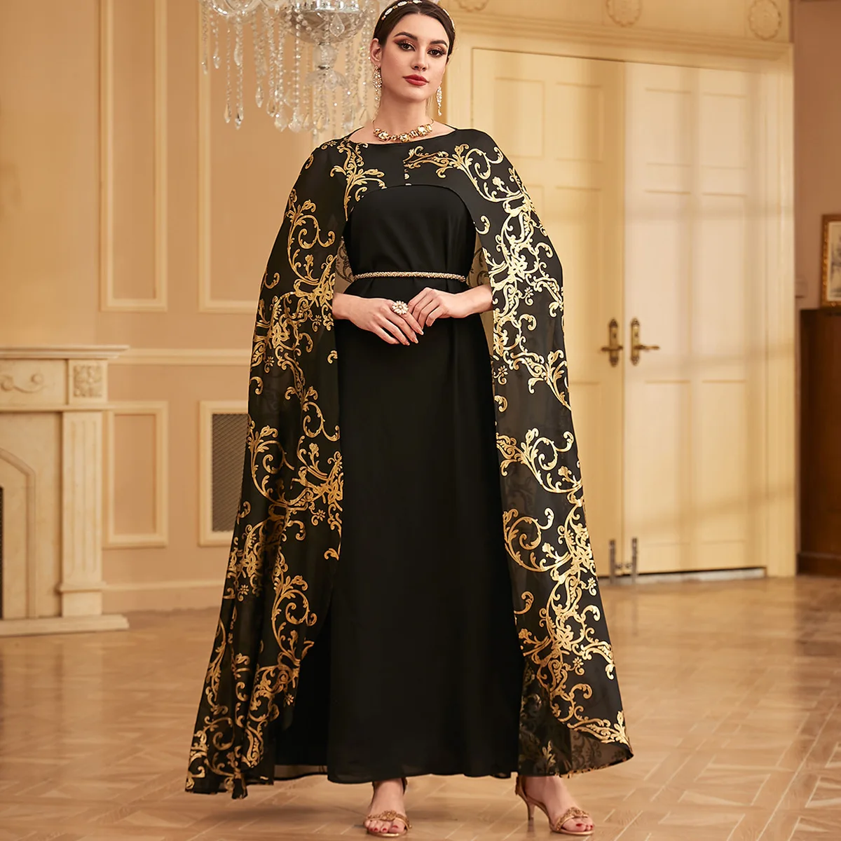 

3972 Fashion Robe Arab Women's Evening Dress Gold Plated Fake Two Piece Set Dubai Dress