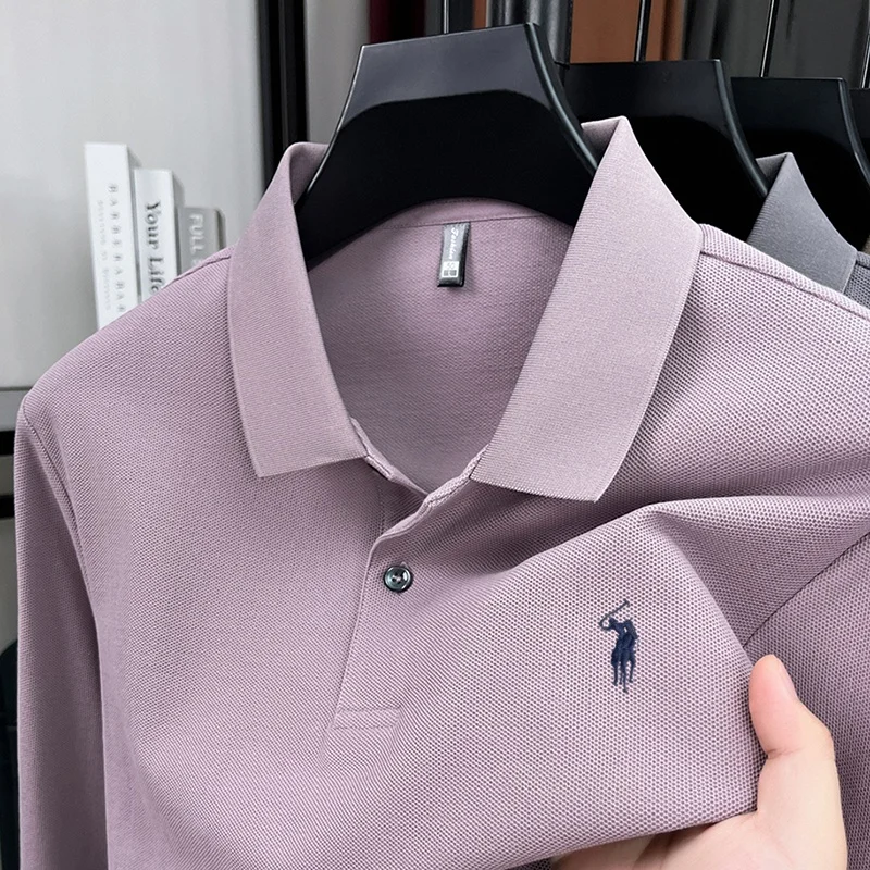 Men's High-End Brand 100% Mercerized Cotton Embroidered Logo Long-Sleeve Polo Shirt, Spring And Autumn Business Casual Sports T-