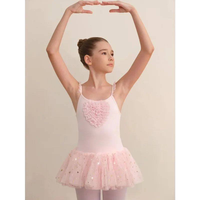 Leotardos de Ballet sin mangas para niñas, vestido de baile con tutú brillante para niños, disfraz para niños, Ropa de baile con corazón de malla en el pecho, Ropa deportiva ﻿