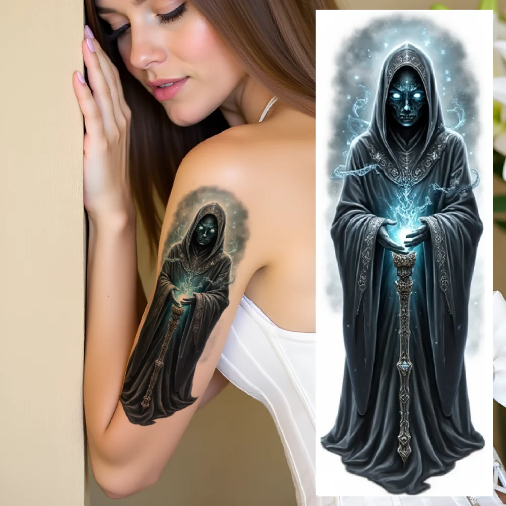 3pcs Temporary Tattoo Skeleton Mage Waterproof Long-lasting Body Stickers Wraith Cloaked Apparition Colorful Realism For Men