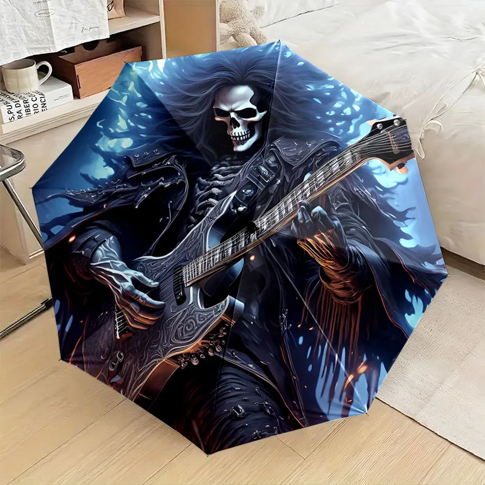 1PC Skull-themed umbrella with a guitar-playing skeleton design Print 8 Iron Ribs Folding Umbrella Auto-Open Fashion Sunshade