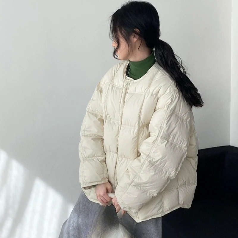 Fluffy and Warm White Duck Down with Bag Down Jacket Round Neck Comfortable Fashion Temperament Beautiful Bread Jacket