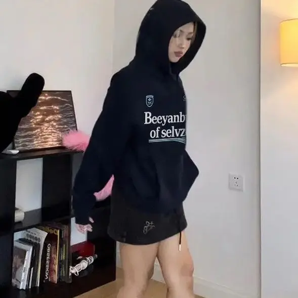 Retro Pattern Sweatshirt Women American Loose Round Neck Solid Color Sports Pullover Harajuku Autumn Winter Top