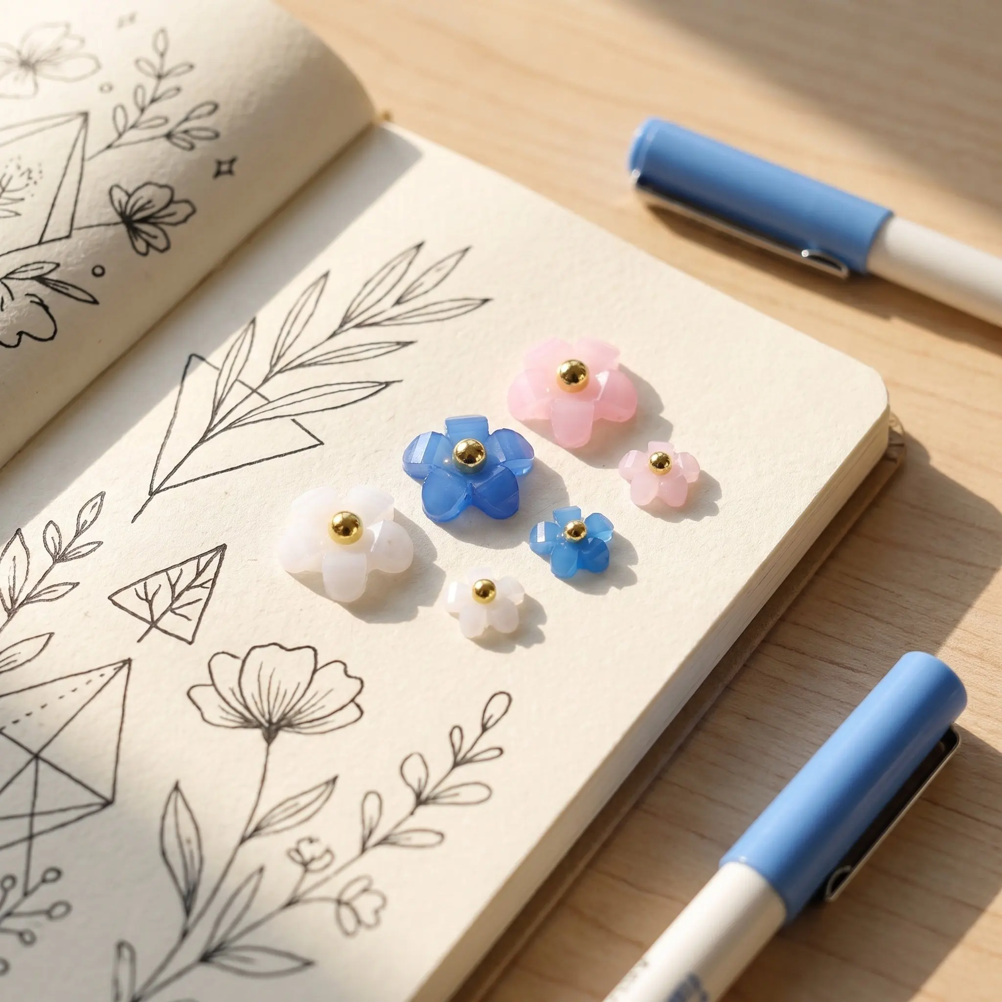 3D Five-Petal Resin Flower Nail Charms Gold Silver Beads Mini Floral Nail Art Accessories Cute Embellishments Women Girls