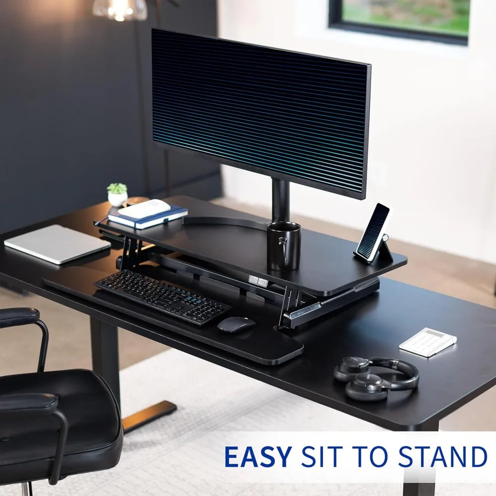 Electric Motor Desk Converter, Height Adjustable Riser, Sit to Stand Dual Monitor and Laptop Workstation with Wide