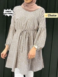 2024 Summer Muslim Top Basic Medium Length Round Neck Long Sleeve Tie Waist Small Floral Commuter Style Top