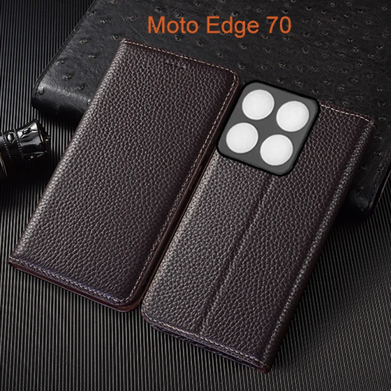 

Genuine Leather Flip Case For Moto Edge 70 Fusion Plus Phone Cover Card Cases Litchi Pattern Handmade