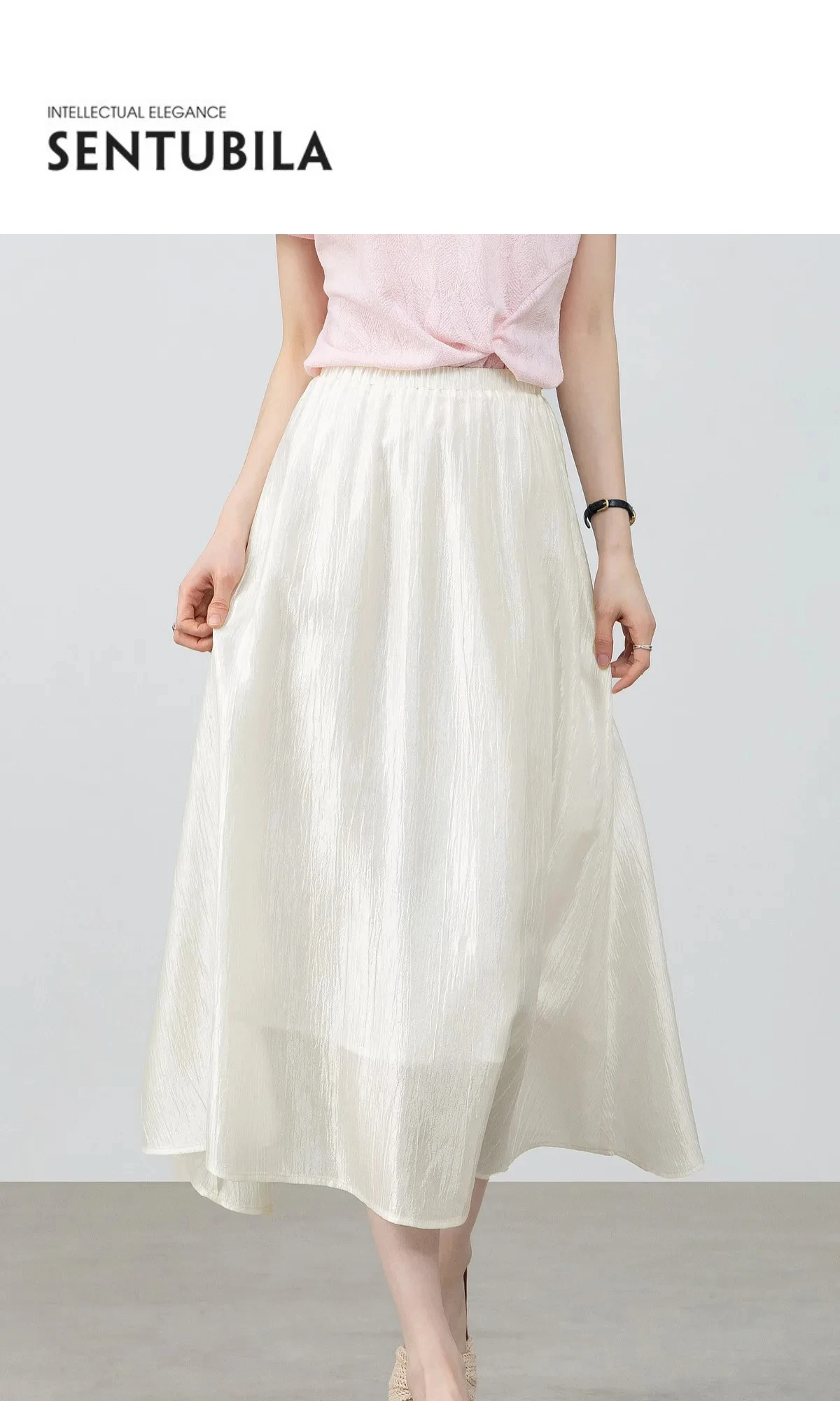 SENTUBILA Eleganter Satin-Plissee-Midirock für Damen, Sommer 2026, elastische Taille, glänzende Textur, fließender Rock für den Alltag 162QG6653 – Detail 1