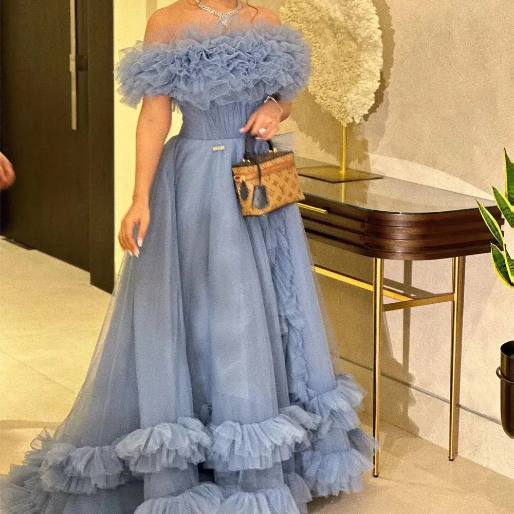 

Off the Shoulder Pleat Prom Gown Tulle A-line High Silt Evening Dresses Elegant Sleeveless Backless Party Dress Robe De Soiree