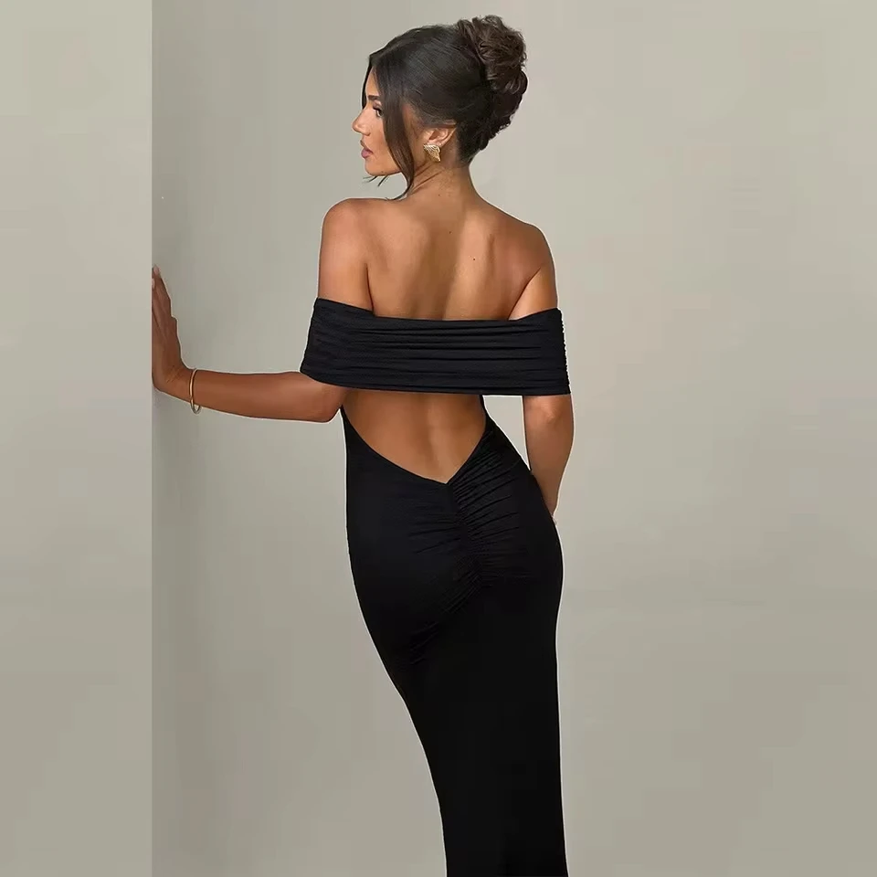 

Women's Slim Sexy Strapless LongDress Temperament Solid Color Sleeveless Off-shoulder Backless Package Club Party Dresses