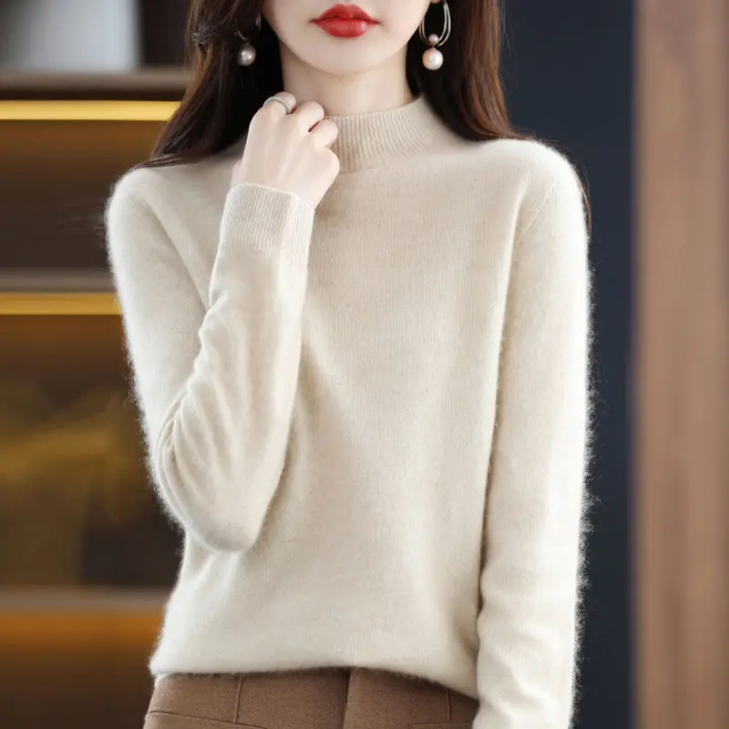 

2024 Autumn and Winter Wool Women's High-necked Cashmere Loose Thick Jacquard Pullover Sweater Knitted Bottoming Shirt LJ486