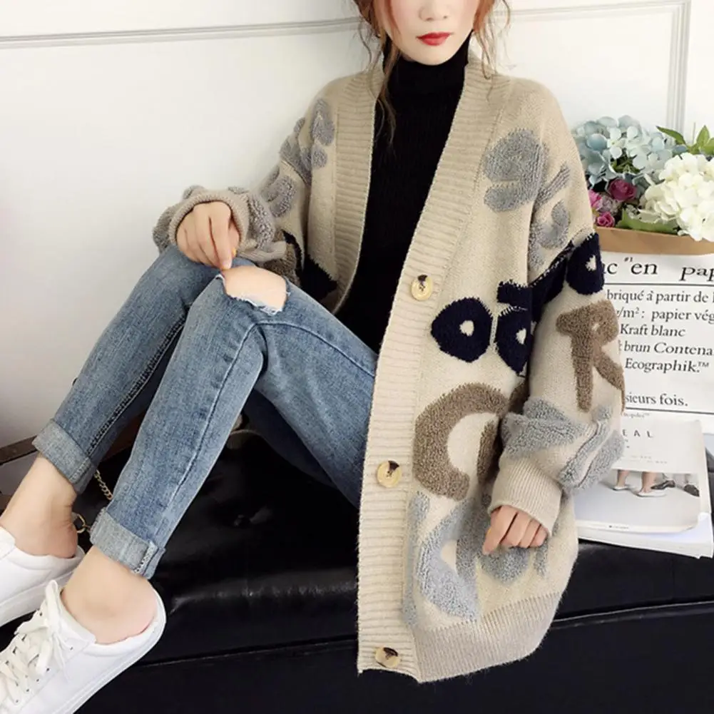 

Lazy Knitted Cardigan Cozy Knitted Sweater Coat for Women Mid Length Loose Cardigan Jacket with Letter Pattern Color for Ladies