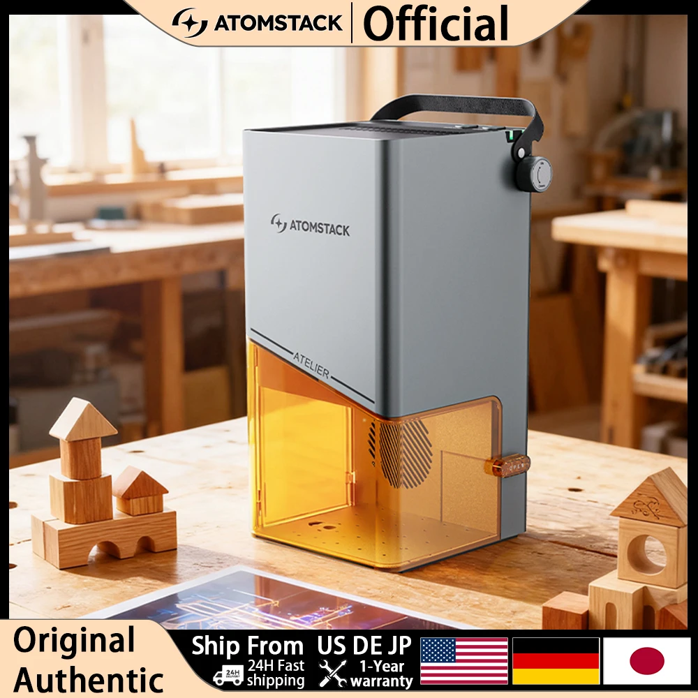 AtomStack Atelier حفارة ليزر محمولة 10 وات، مصدق للسلامة من الفئة 1 لورق الجلد الخشبي DIY