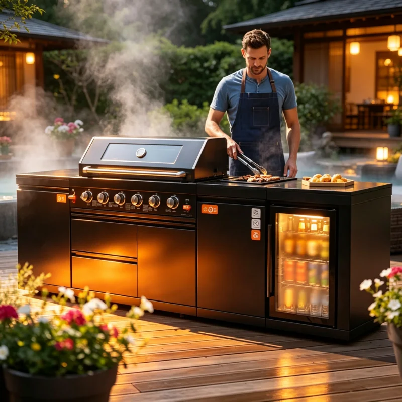 Customized Outdoor Kitchen Bar with 6-Burner BBQ Grill and Refrigerator Drawer for Garden Party Barbeque Events