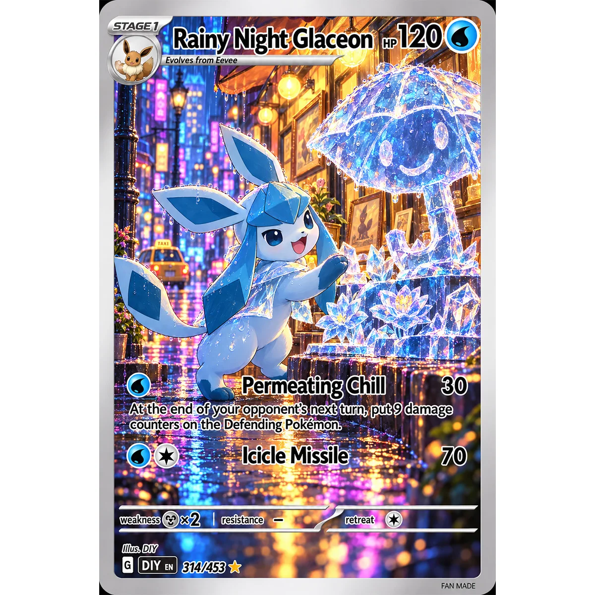 DIY PKM Card PTCG Glaceon Espeon Lucario Rowlet Neon Urban Rainy Scene Holo Foil English DIY Replica Collectible Trading Cards