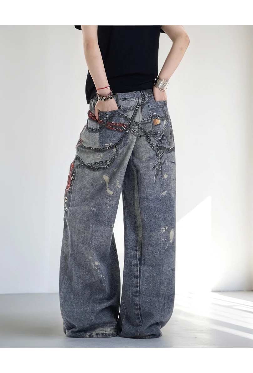 Chic moda pintada feminina 3d correntes impressas jeans americano retro cintura alta casual calças jeans feminino na moda estilo de rua