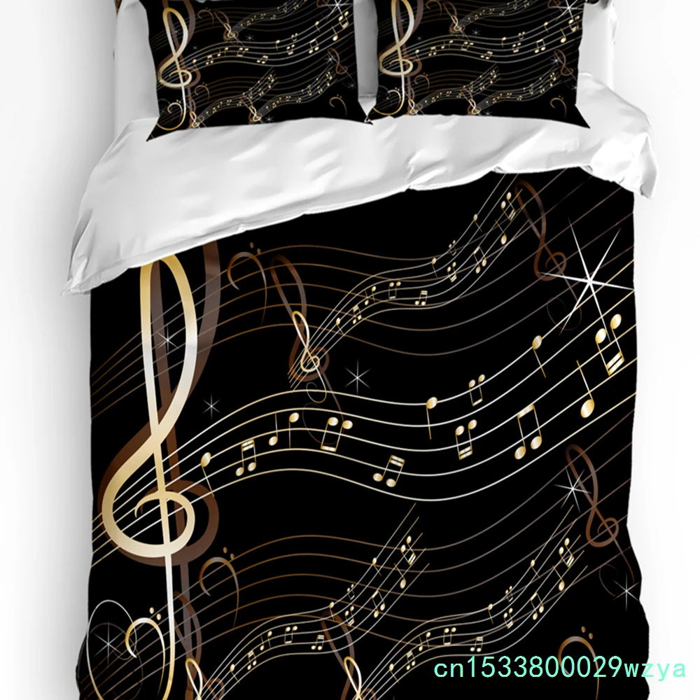 Music Notes Black Bedding Set 3pcs Boys Girls Duvet Cover Pillowcase Kids Adult Quilt Cover Double Bed Set Home Textile
