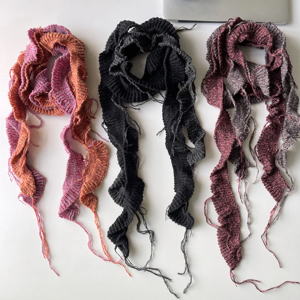 Y2K Ins Long Knitted Thin Scarf Ruffle Patchwork Autumn Warm Scarf Spiral Wool Decoration Neckerchief Irregular Small Scarves