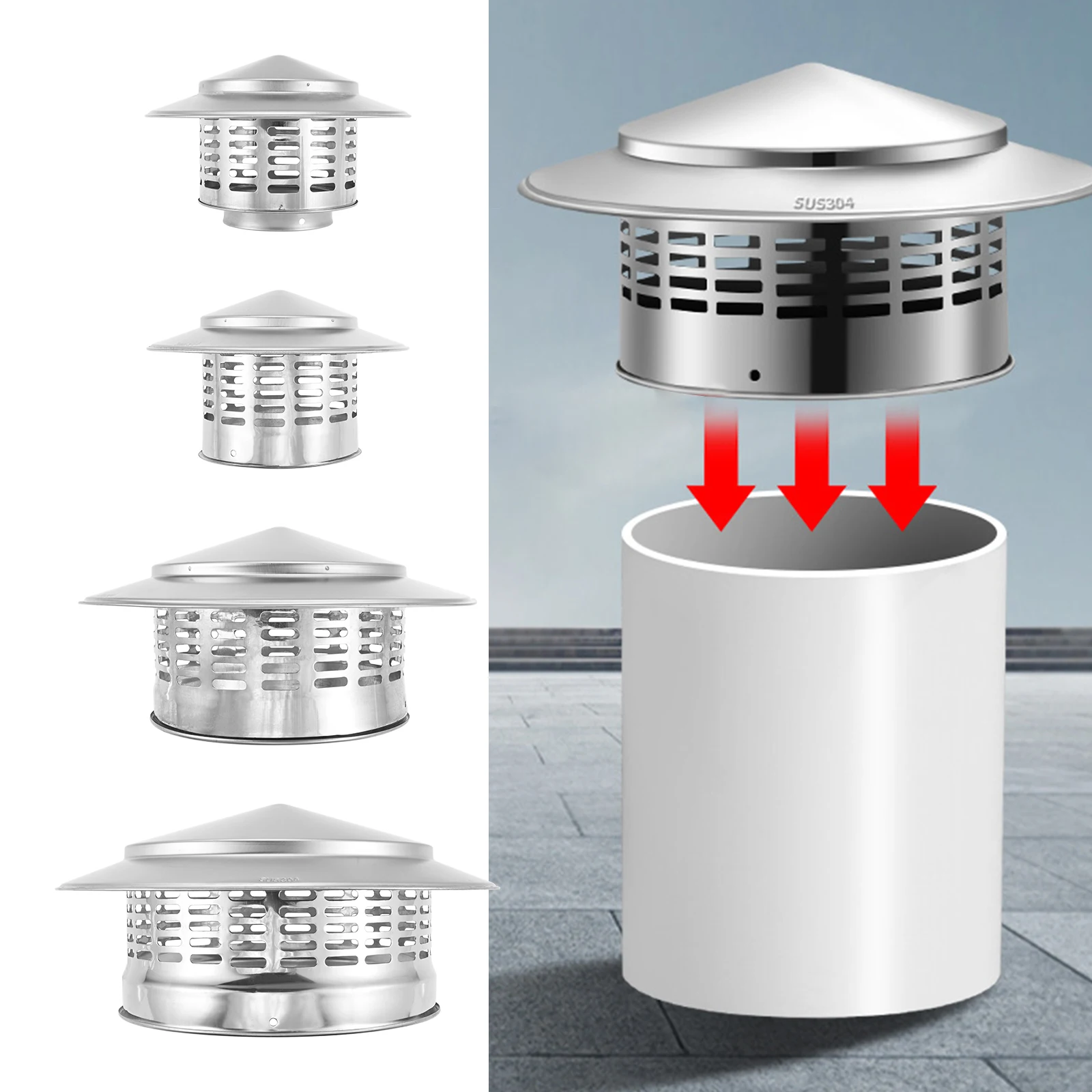 Silver 304 Stainles Steel Round Chimney Cap Exterior Wall Fresh Air Outlet Roof Pipe Exhaust Hood Ventilation Ducts Vents Cover