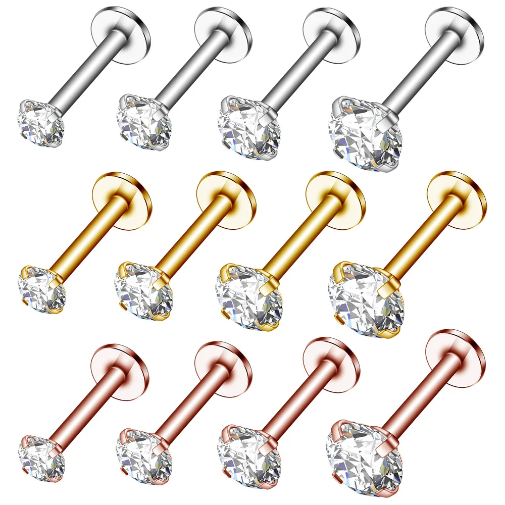 1PC 316L Steel Labret Lip Ring, CZ Internally Threaded Long Bar Piercing, Hypoallergenic Body Jewelry for Lip Ear