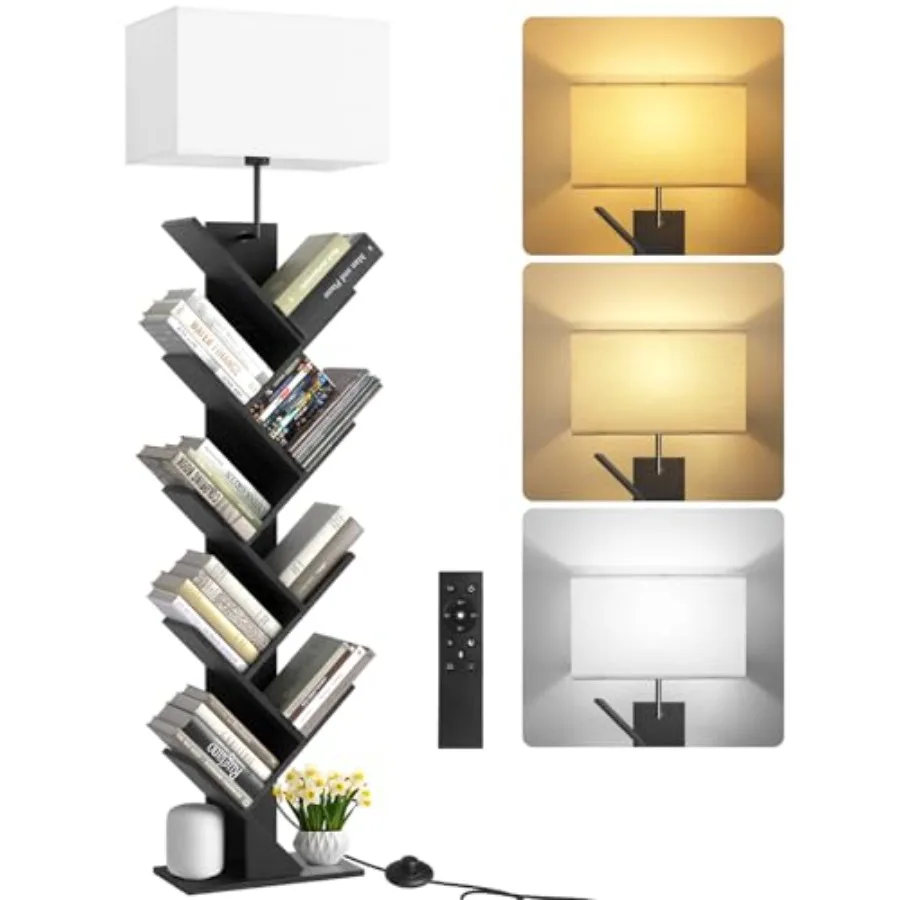 Tree Bookshelf with Light, Remote and Timer, Dimmable Tall Floor Book Shelf, Narrow Wood Bookcase, Small Book Organizer Shelves