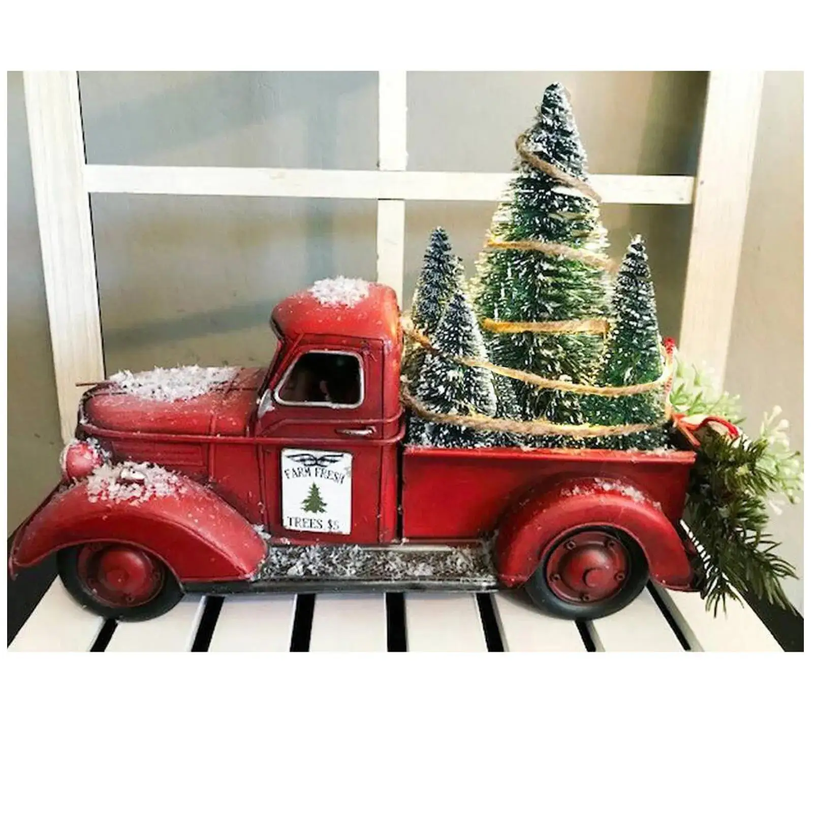 Red Farm Truck Christmas Centerpiece Vintage Iron Novel Pickup Car With Xmas Trees New Year 2024 Navidad Decoration Home Decor