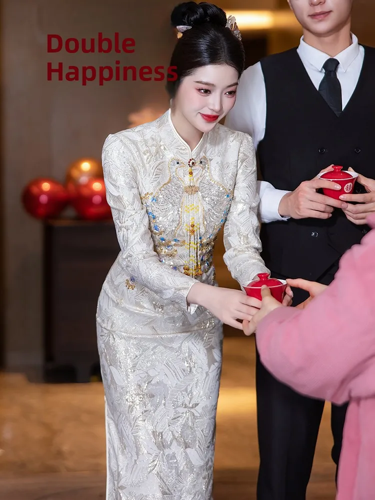 

Ele Thiened Wedding Dr Engagement Gown for Brides Vintage Sle Mid-Length Evening Gown for Women