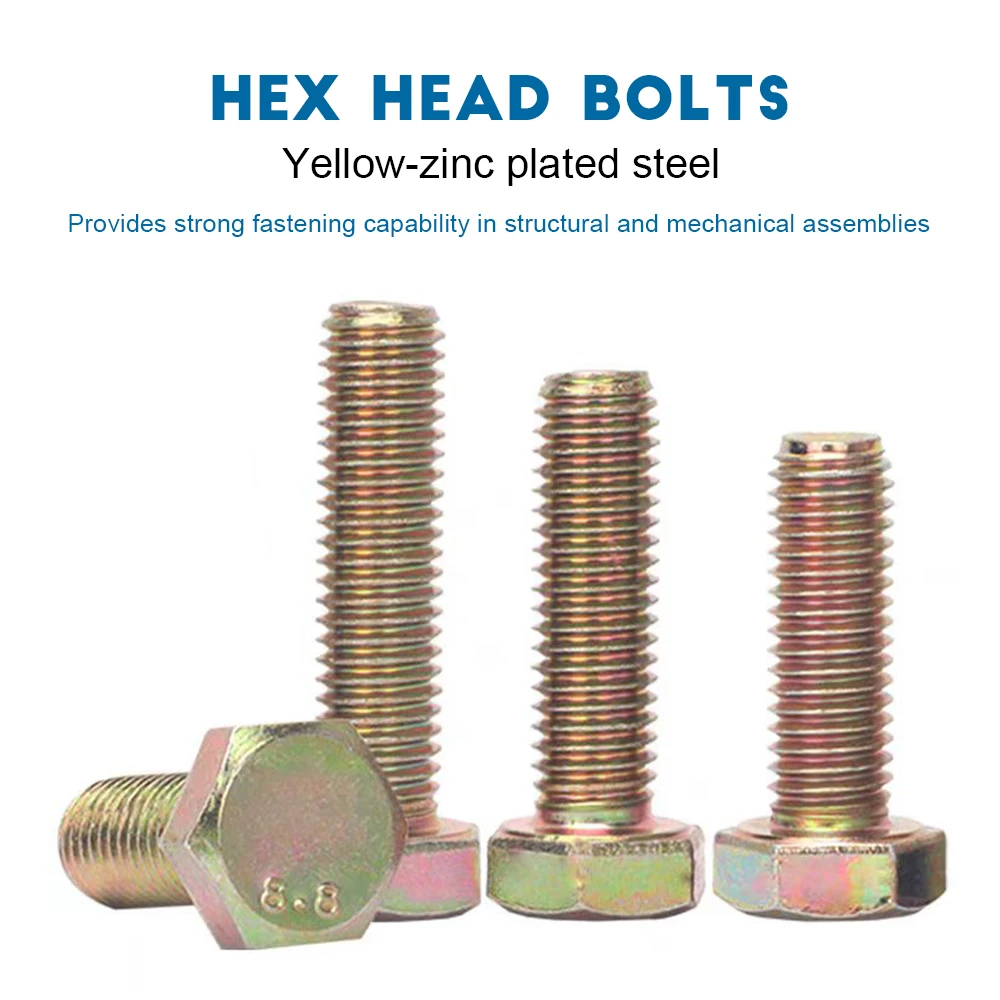 2-10pcs High Strength Hex Bolts 8.8 Grade Yellow Zinc Steel Full Thread Extended M4 M5 M6 M8 M10 M12 Hexagon Hex Cap Screw Bolts