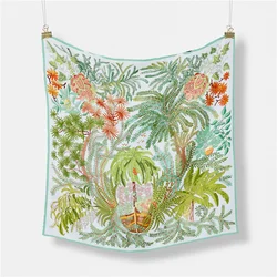 Silk Scarf Women Green Trees Print Square Scarves Wraps Bandana Small Hijab Foulards Lady Tie Headband Neckerchief