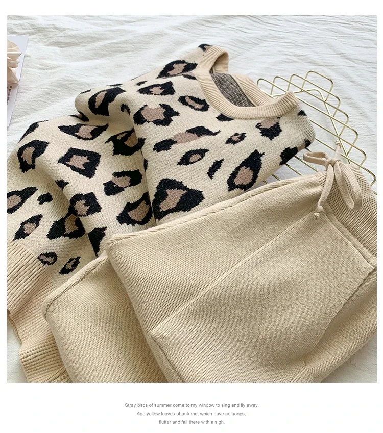 Women's Long Sleeve Knit Leopard Pullover Sweaters and Elastic Waist Pants Sets Fashion Trousers Two Pieces Costumes Outfi