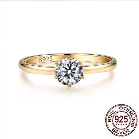 QooLady 925 Sterling Silver Shiny Round Cubic Zircon Gold Color Ring for Women Bridal Engagement Wedding Band Jewelry Gift SR053