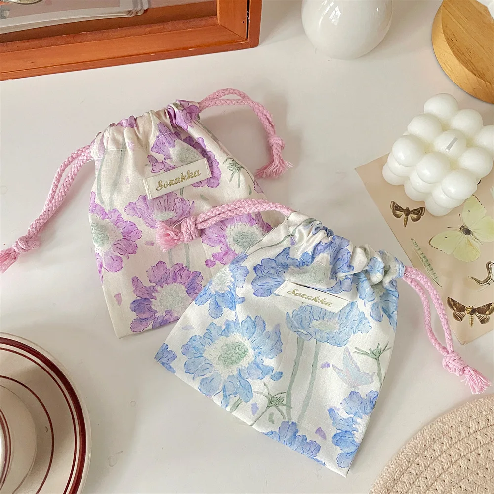 Cute Floral Small Thing Cosmetic Lipstick Portable Storage Bag Purse Key Earphone Jewelry Tote String Rope Pouch Drawstring Bags
