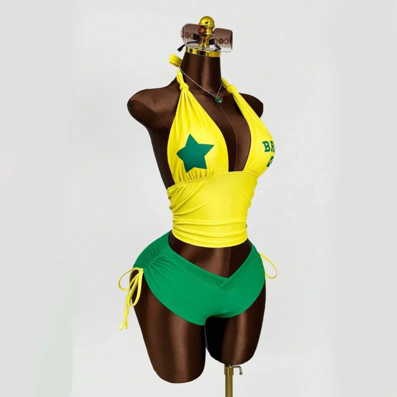 American style spicy girl Brazilian hanging neck set for women's summer sexy V-neck short top shorts casual two-piece set