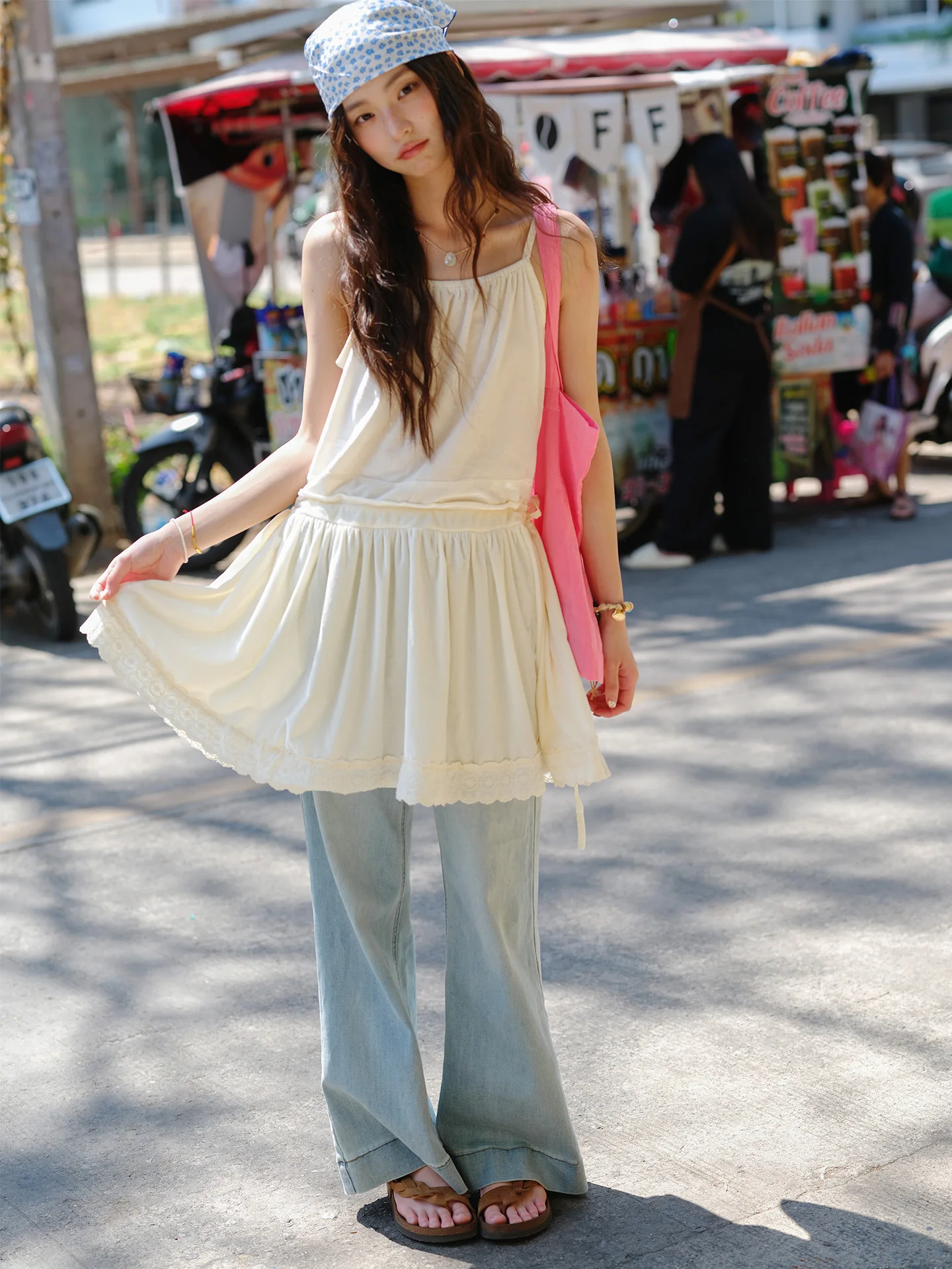

Sweet Girl's Ruffle Waist Strap Dress Women's Short Skirt Slimming Versatile Cream Color Spring Casual Loose Fit H-Shape