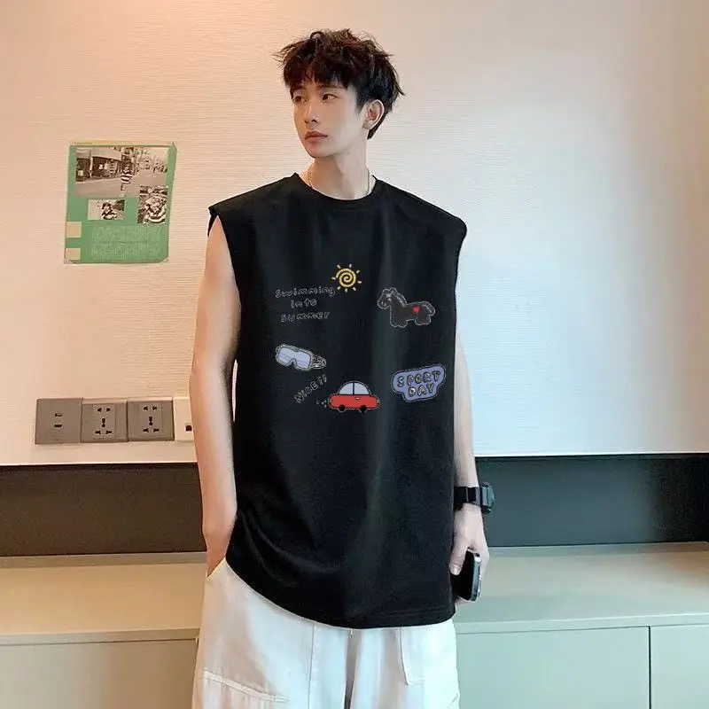 Summer Sleeveless Men's Loose T-shirt Trendy and Versatile Casual and Simple Round-neck Pure Cotton Men's T-shirt Rustic Style