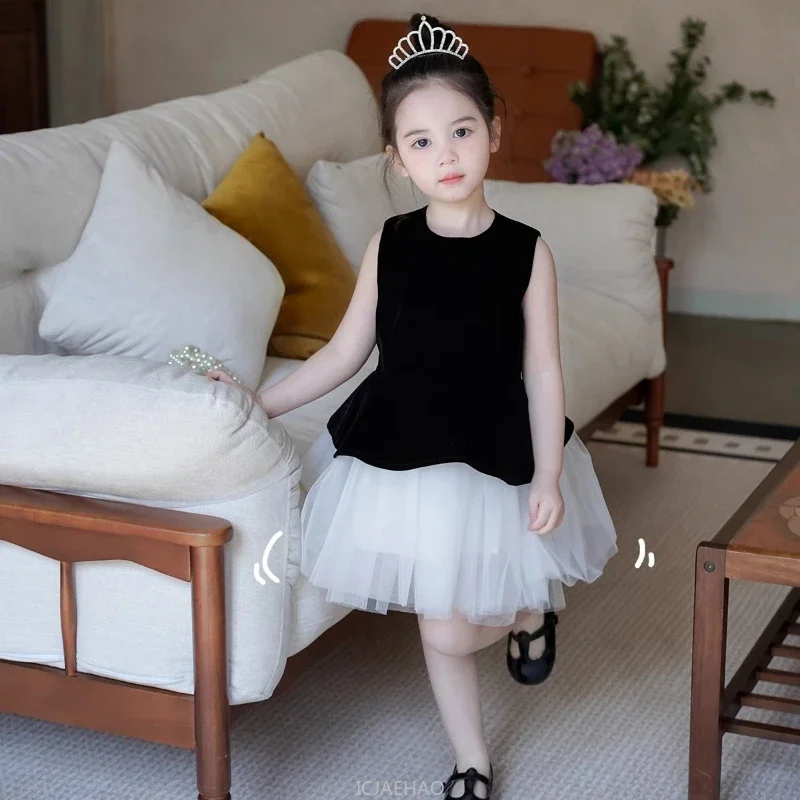 Girls Black White Sleeveless Princess Dress New Ballet Style Birthday Party Sweet Cute Costume Children Casual Outfits Dresses
