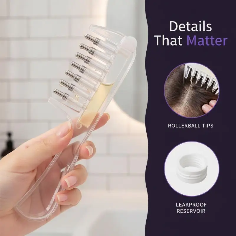Unisex Transparent Essential Oil Applicator Massage Comb With Built-In Liquid Reservoir, Rolling Metal Teeth, Suitable For Women
