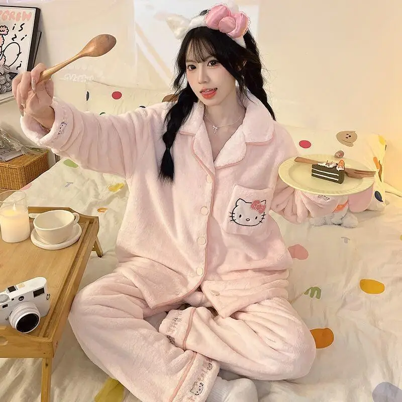 

Hello Kitty Autumn Winter Pajamas Kawaii Women's Thick Flannel Set Fine Plush Warm Sanrio Home Clothes Winter New Pj Setkawa