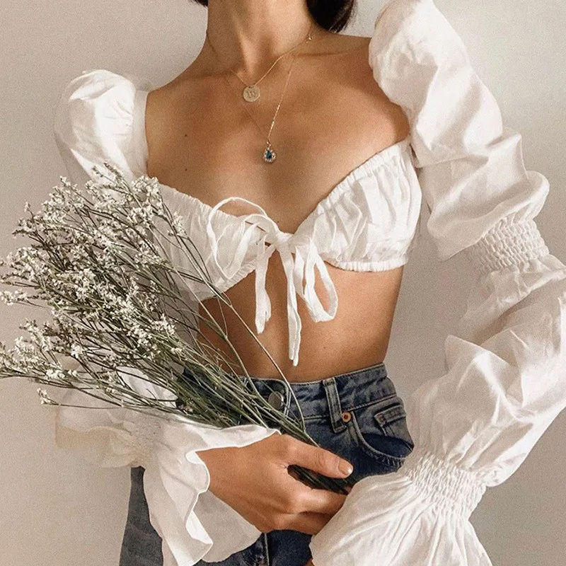 French Lace-up Long Sleeve Crop Top For Women\'s 2023 New Vintage White Square Collar Blouse Tops Female